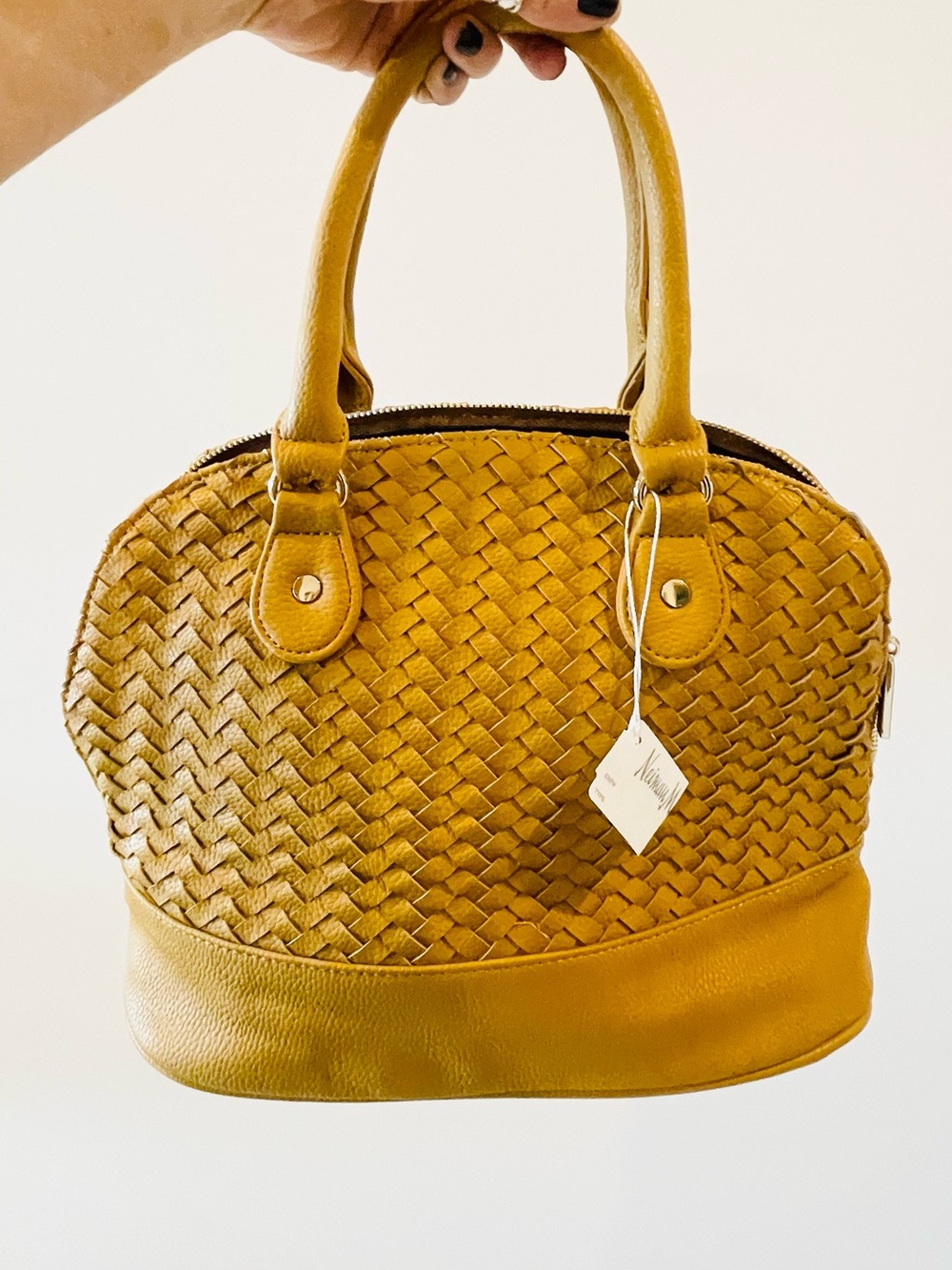 NWT Neiman Marcus Woven Genuine Leather Satchel Mustard Handbag